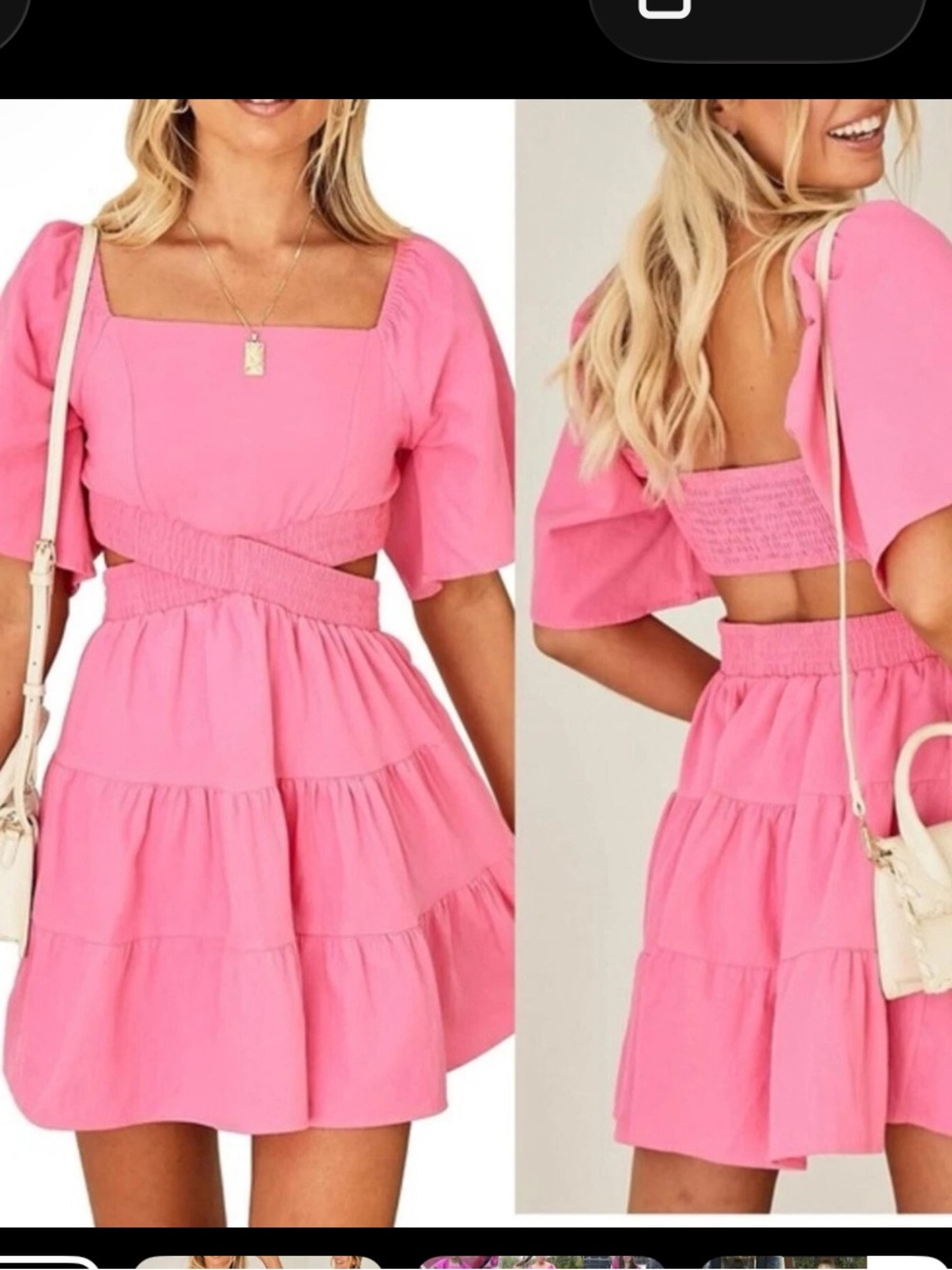 Pink Cotton Square-Neck Tiered Crossover Waist Backless Mini Dress Barbiecore M